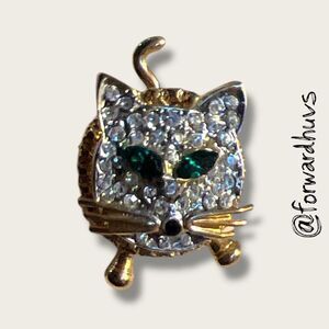 Vintage Gold Tone Cat Pin – Articulated Motion - Rhinestone Embellished